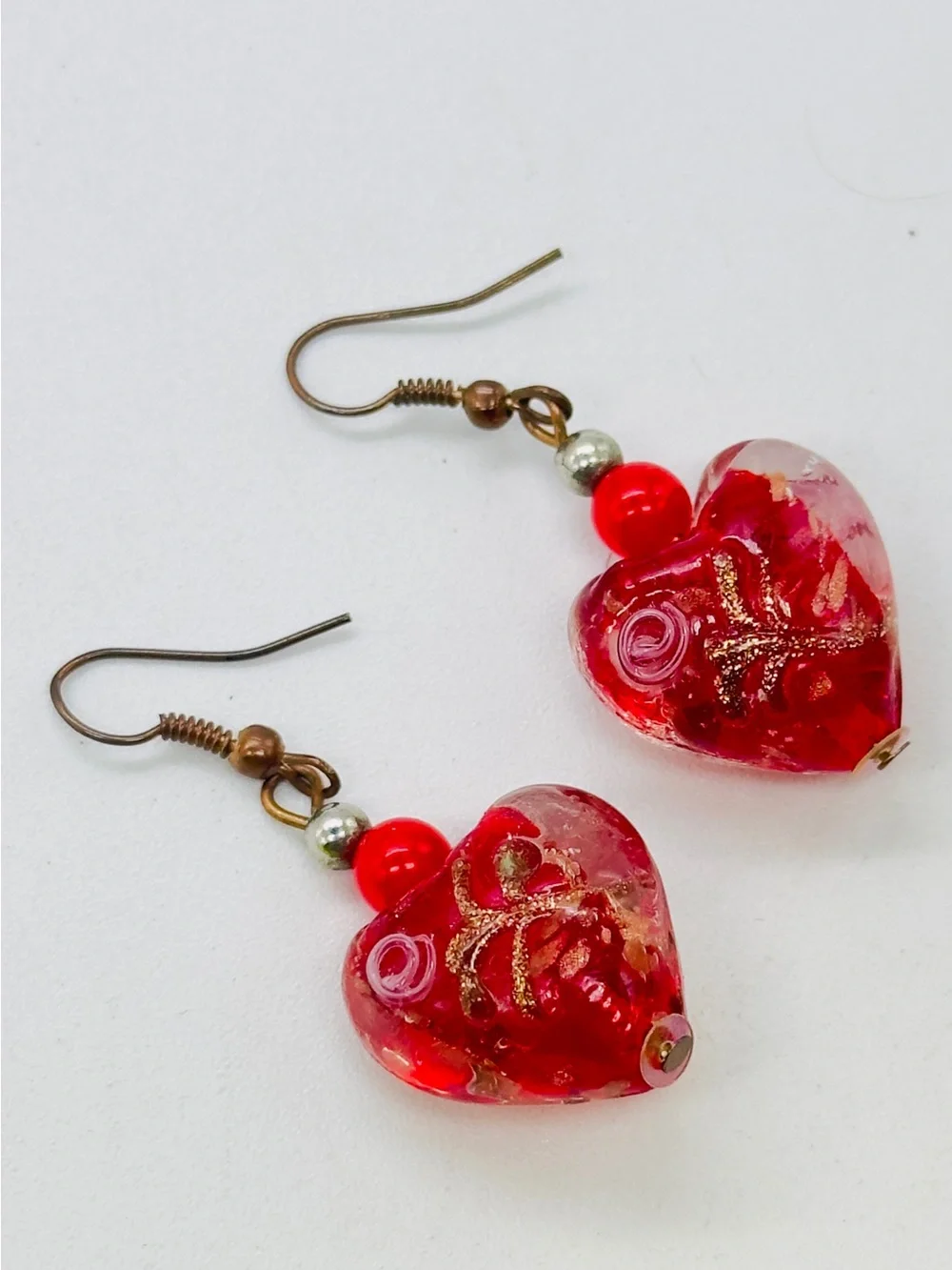 Art Glass Heart Drop Earrings Murano Style Red Hooks Pierced Valentines